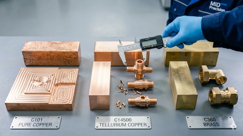 Chinese engineer comparing different copper alloy grades and machined components on a workbench Chinese engineer comparing different copper alloy grades and machined components on a workbench
