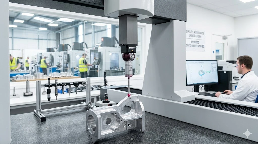 Coordinate Measuring Machine CMM ruby probe inspecting critical tolerances of a CNC machined part for quality compliance