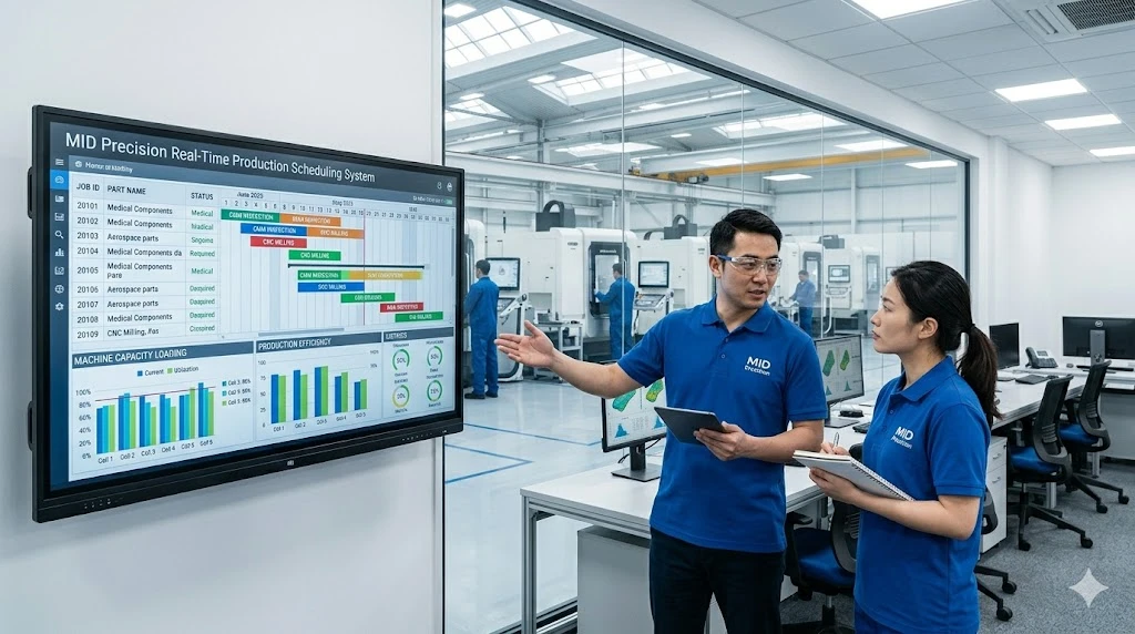 Chinese production manager reviewing digital CNC job scheduling and capacity data in a modern office Chinese production manager reviewing digital CNC job scheduling and capacity data in a modern office
